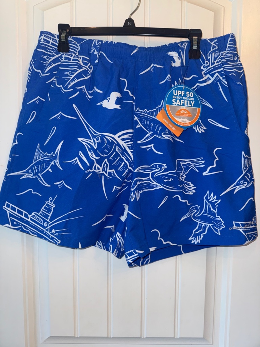 Columbia Men’s Blue & White Marlin Print Swim Trunks